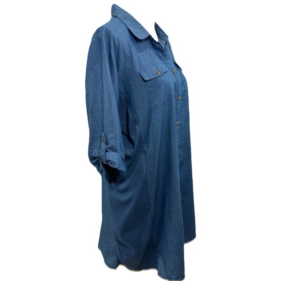 NY Collection Chambray Shirt Dress Women’s XL Roll-Tab Sleeve Cotton Stretch - Picture 2 of 8